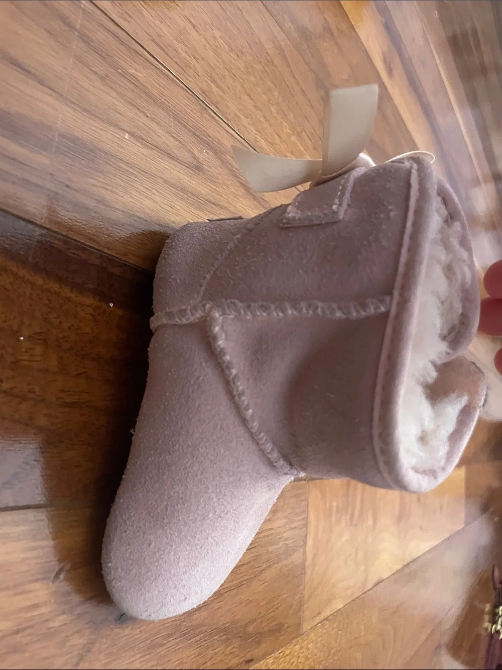 UGG Kids Blush Pink Sheepskin Booties with Satin Bows